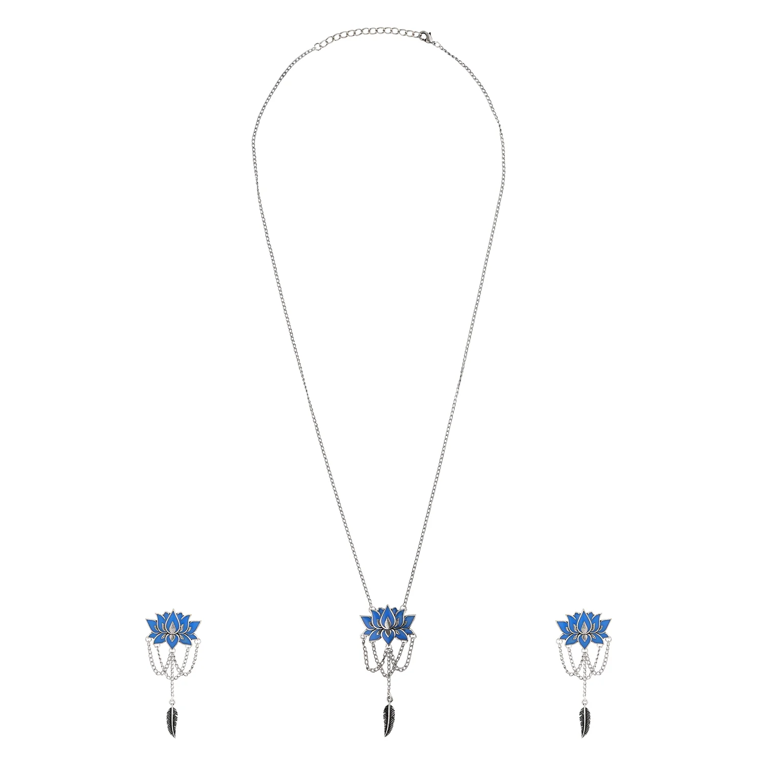 Boho Tribe Lotus Plume Oxidised Pendant Set - Image 4