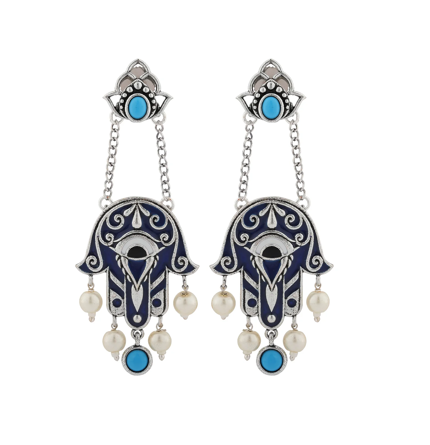 Boho Tribe Midnight Hamsa Oxidised Dangle Earrings - Image 4