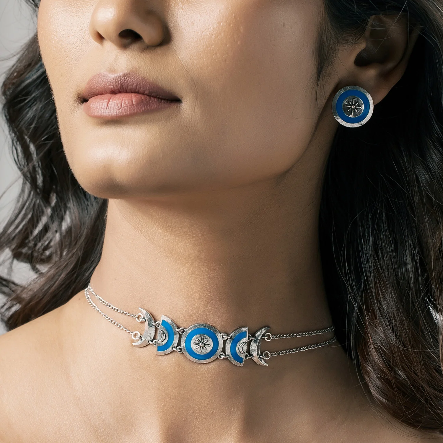 Boho Tribe Moon Phases Oxidised Choker Necklace Set - Image 2