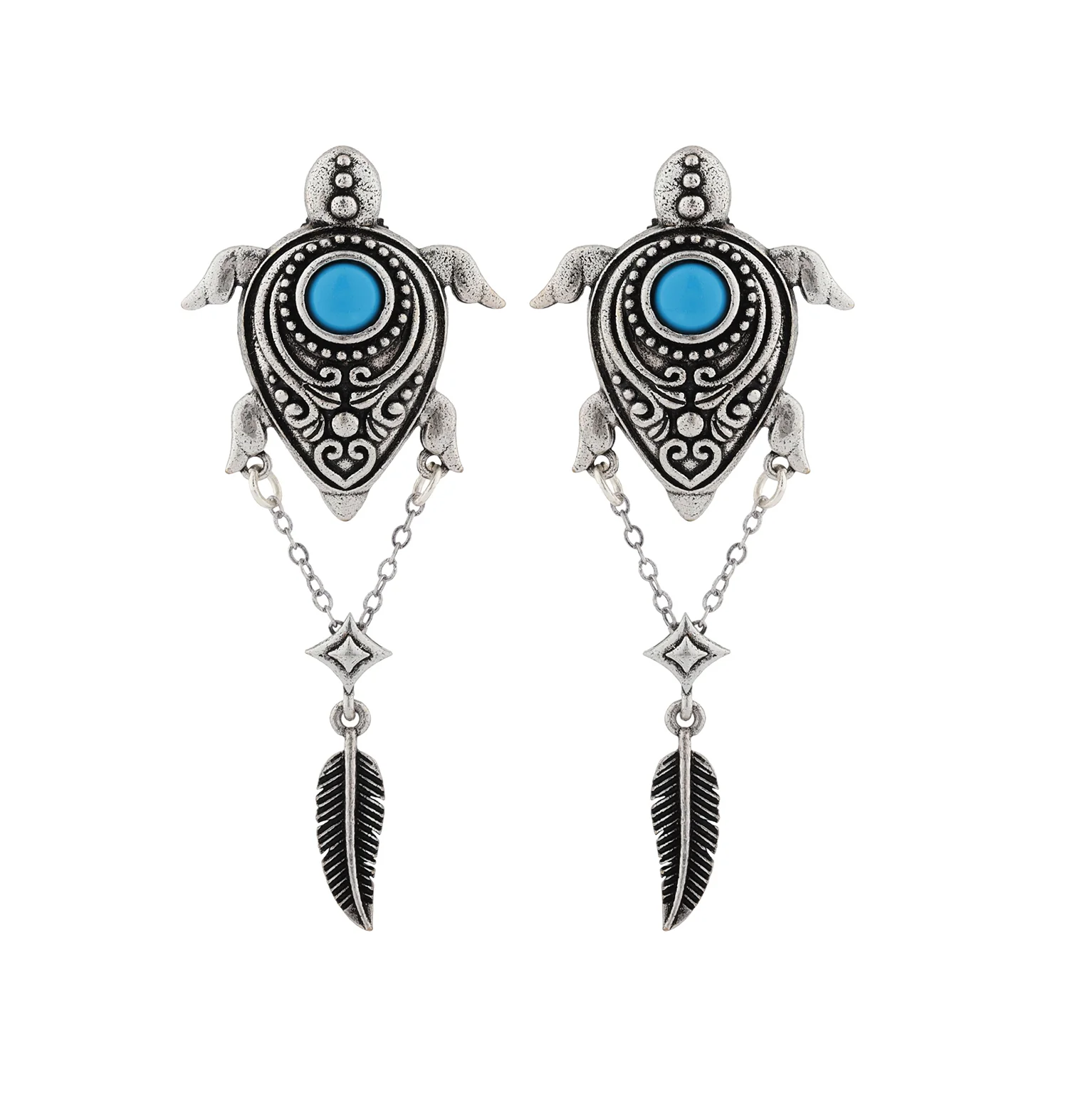 Boho Tribe Turtle Turquoise Oxidised Dangle Earrings - Image 4