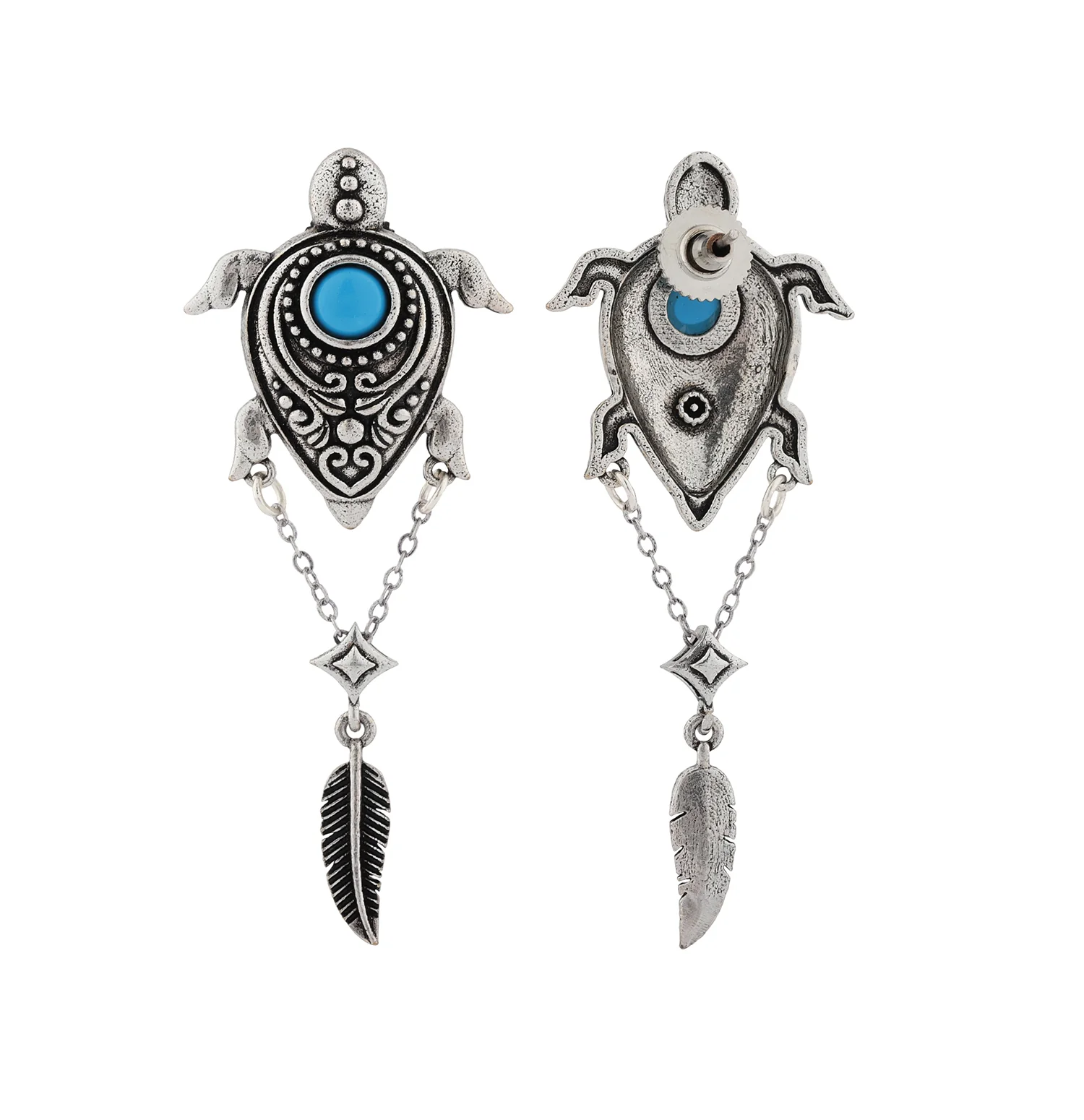 Boho Tribe Turtle Turquoise Oxidised Dangle Earrings - Image 5