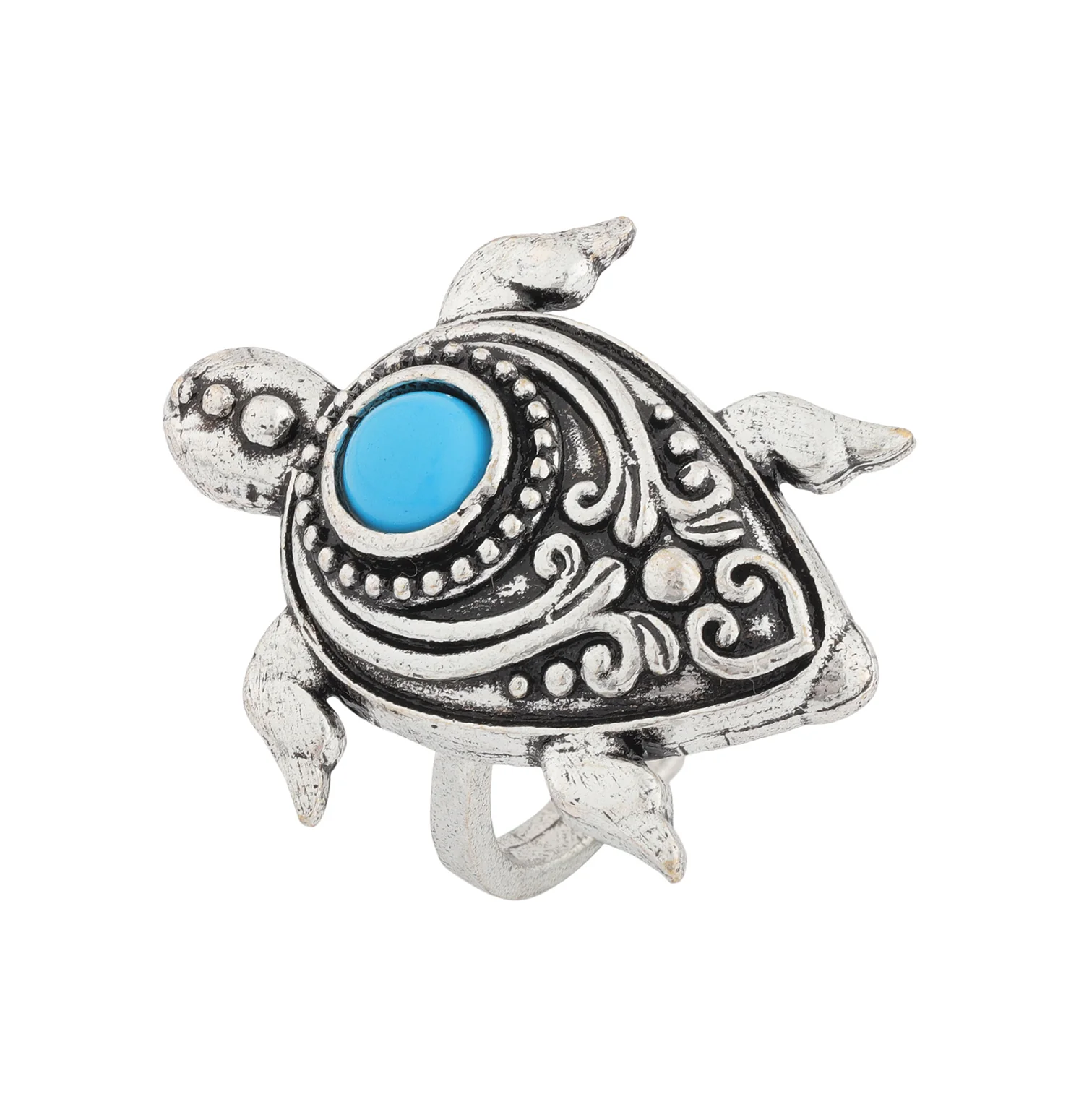 Boho Tribe Turtle Turquoise Oxidised Ring - Image 3