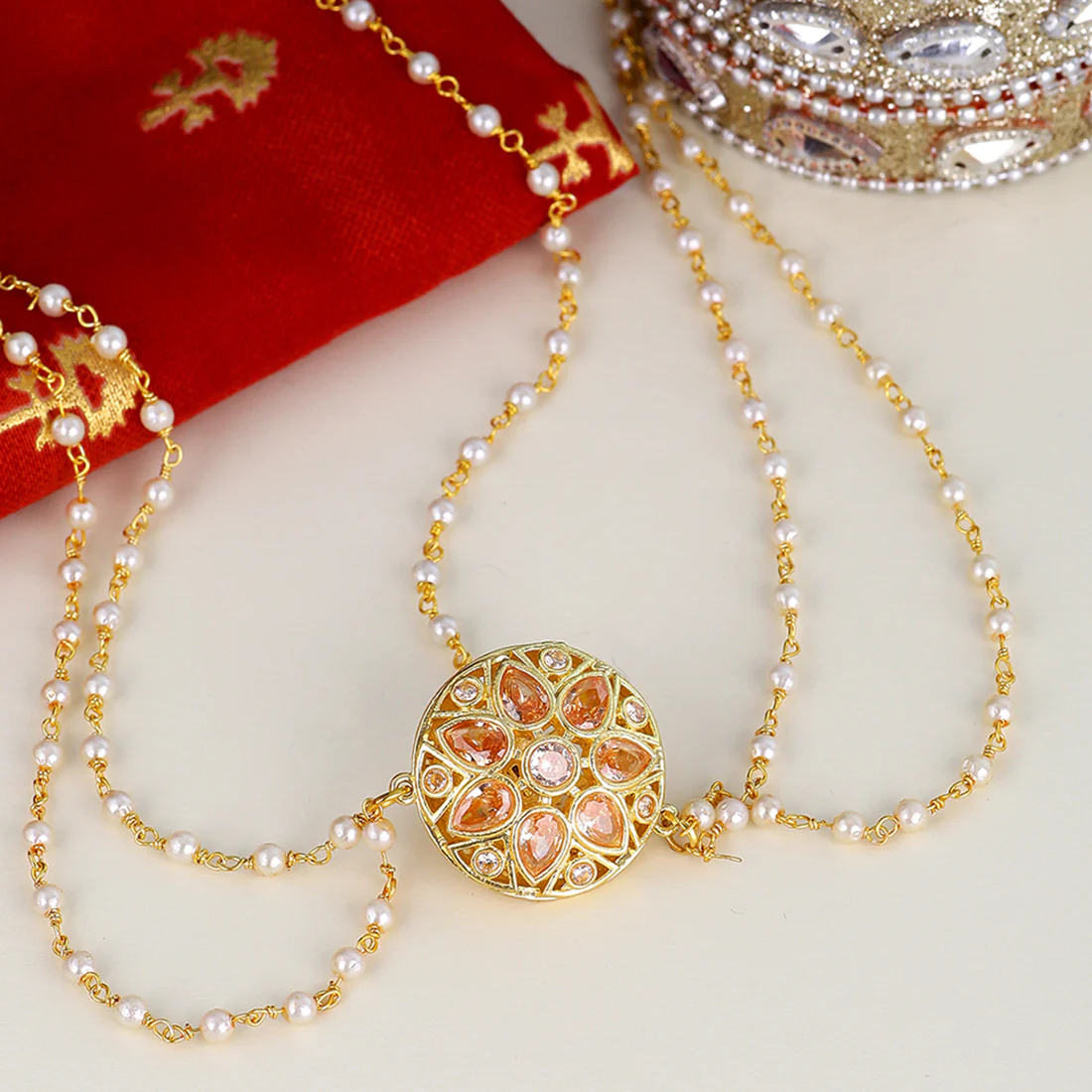 Borla Collection Faux Pearls Adorned Maang Tika