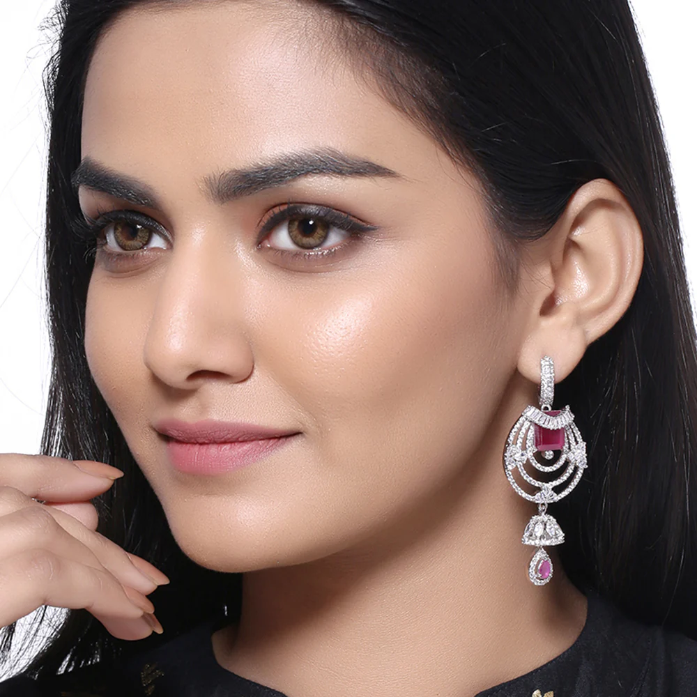 Brass CZ Gems Adorned Drop Earrings - Image 2