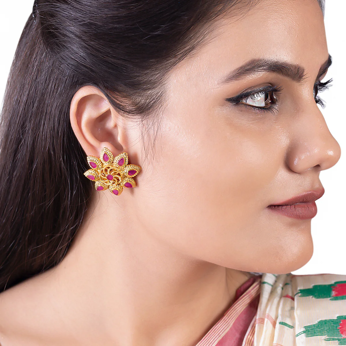 Brass Floral Motif Stud Earrings - Image 2