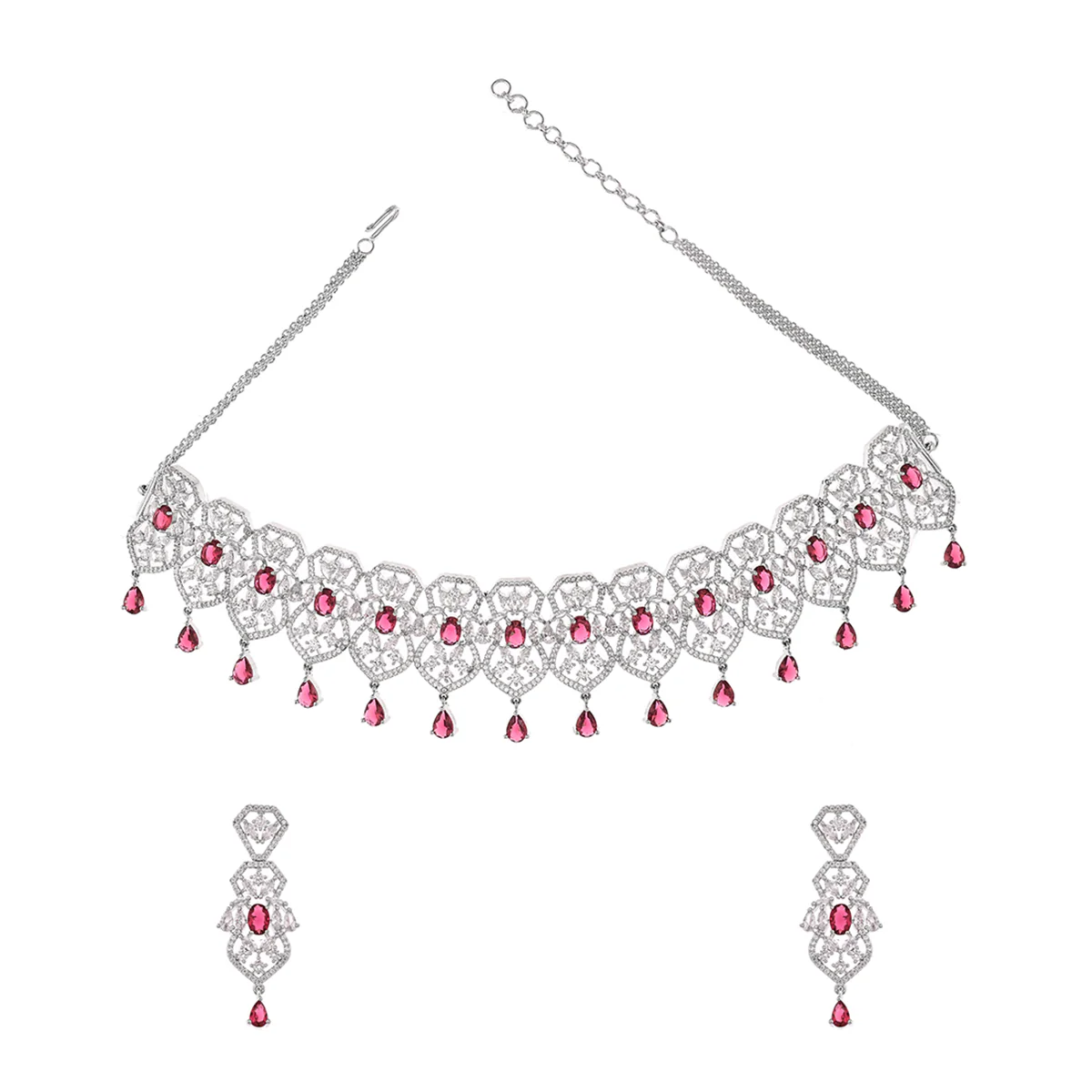 Brass Pink and White Cluster Setting Zircons Adorned Silver Plated Choker Jewellery Set - Image 3