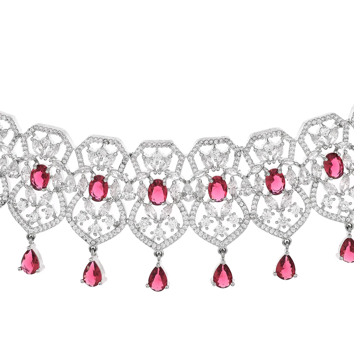 Brass Pink and White Cluster Setting Zircons Adorned Silver Plated Choker Jewellery Set - Image 4