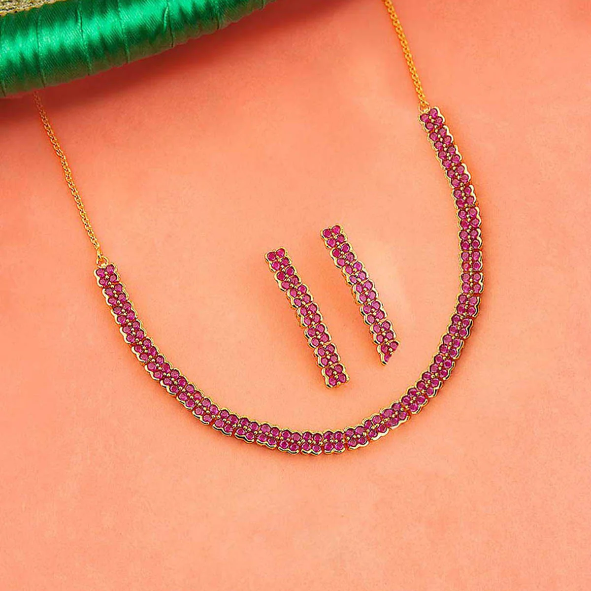Brass Red Gems Adorned Necklace Set