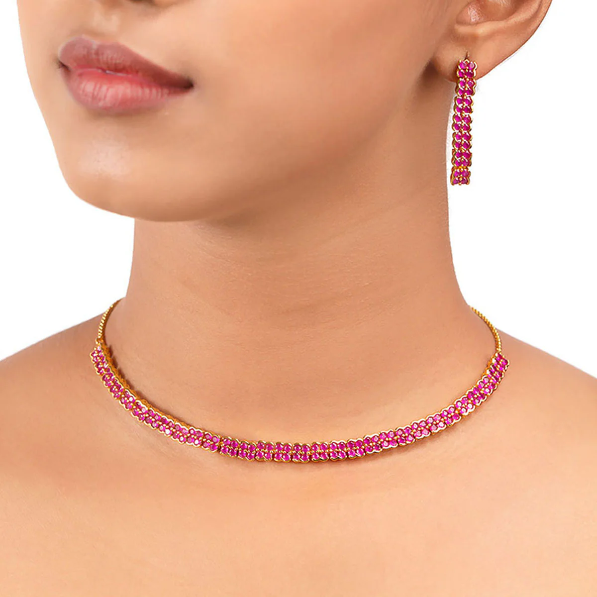 Brass Red Gems Adorned Necklace Set - Image 2