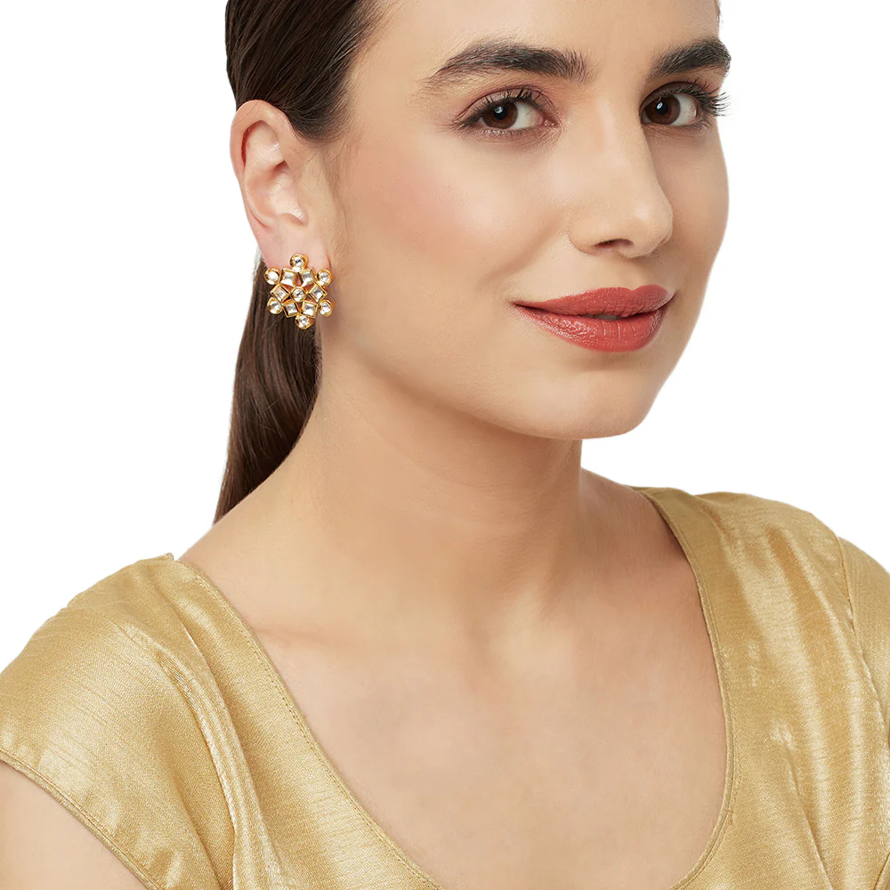 Brass Yellow Gold Plated Faux Kundans Adorned Stud Earrings - Image 2