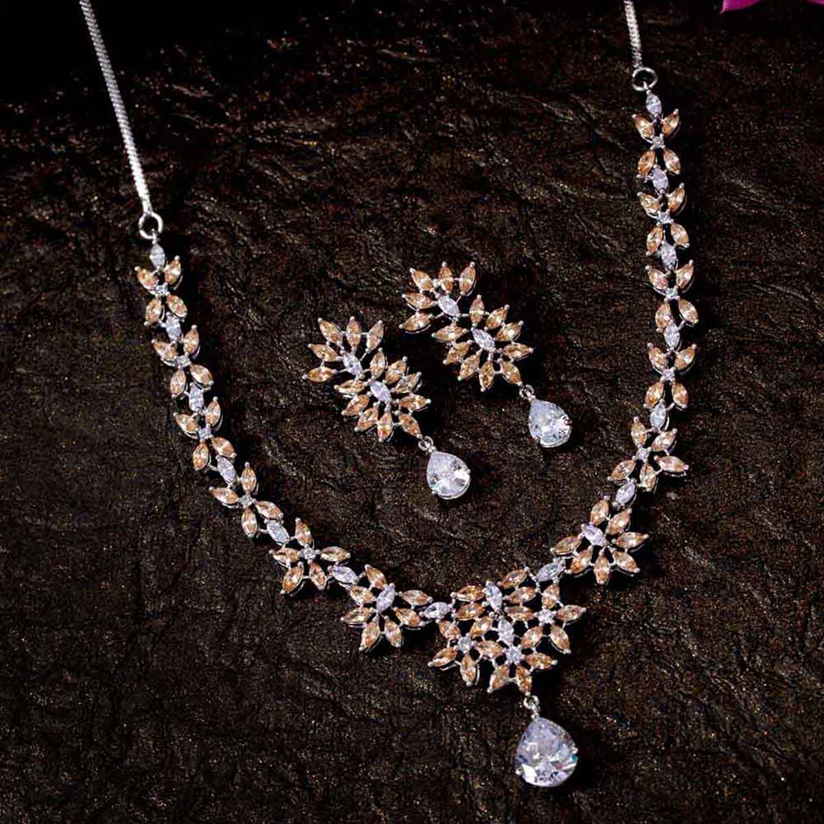 Brass Zircon Gemstones Adorned Necklace Set