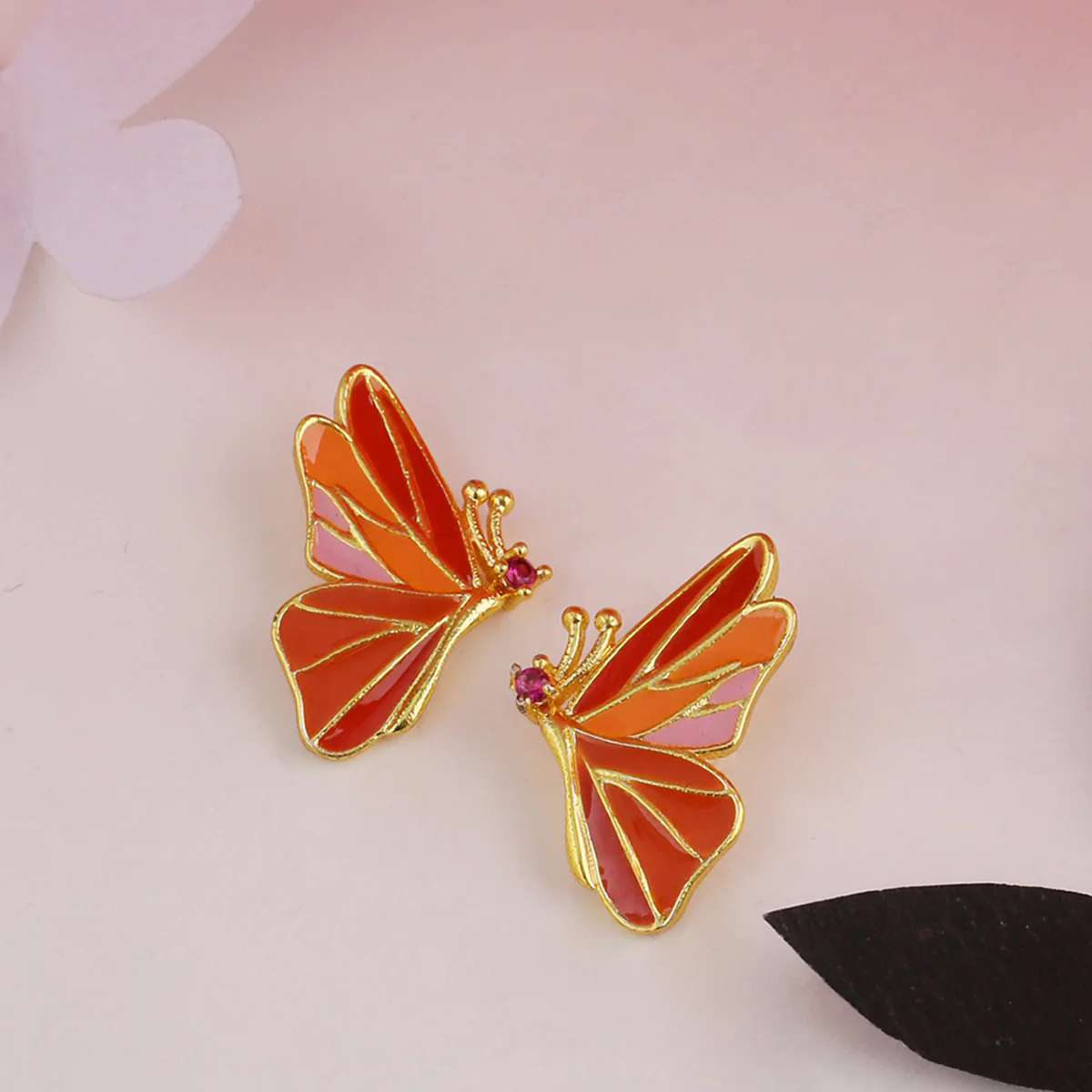 Butterfly Silver Kiss Orange Studs