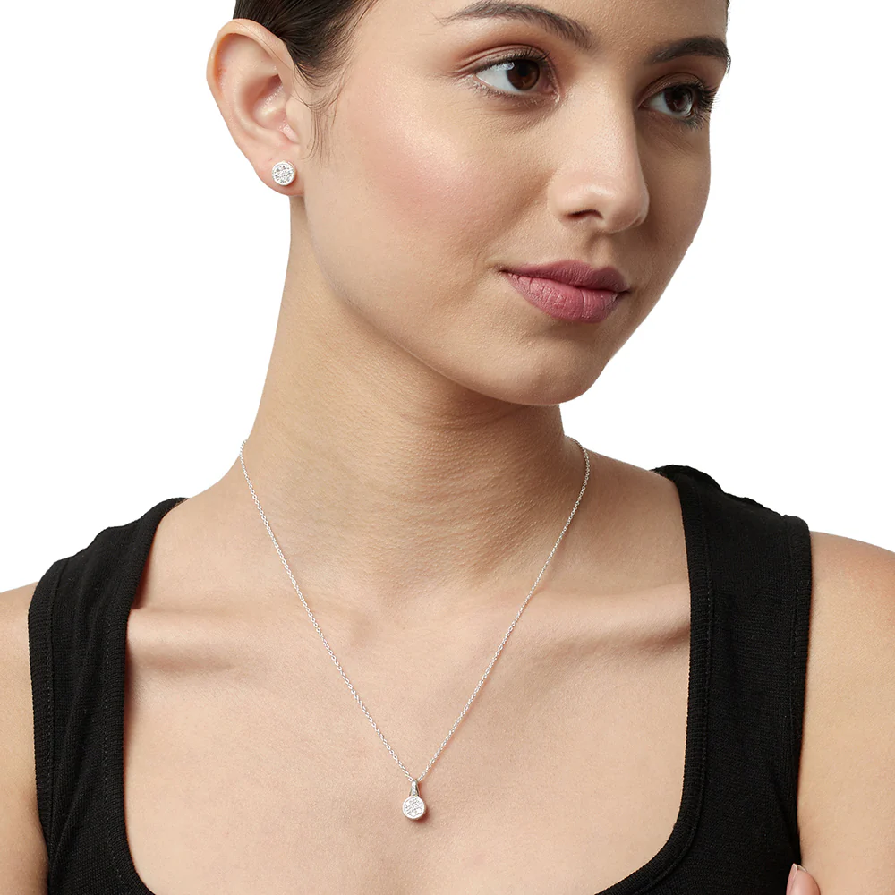Casual Round CZ Pendant Necklace and Earring 925 Sterling Silver Set - Image 2
