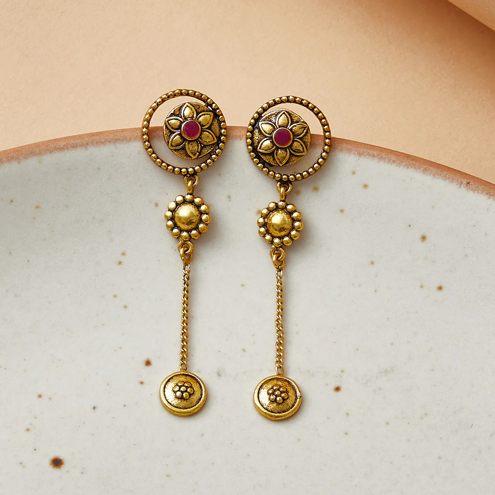 Chamba Circle Design Floral Motifs Gold Plated Brass Drop Earrings