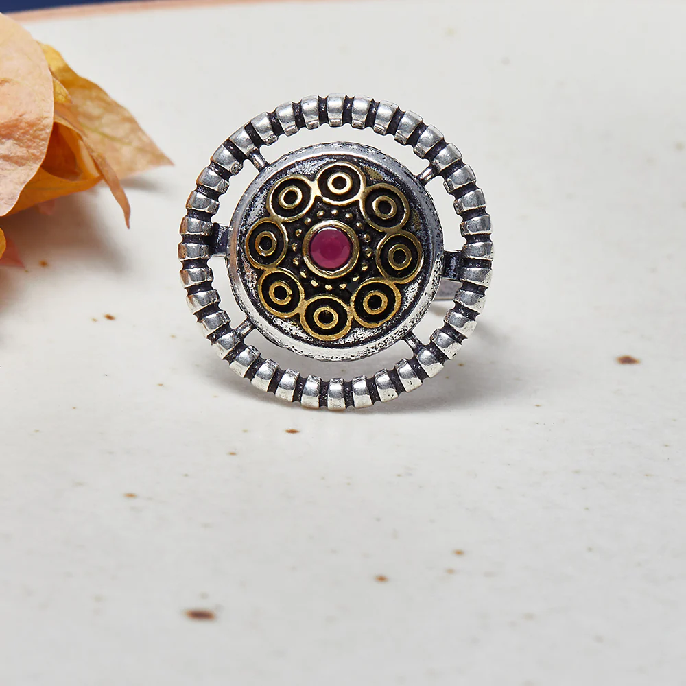 Chamba Circle Design Tribal Motifs Silver Plated Brass Adjustable Ring