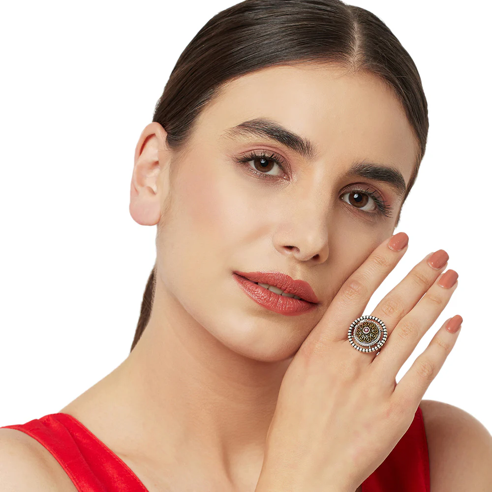 Chamba Circle Design Tribal Motifs Silver Plated Brass Adjustable Ring - Image 2