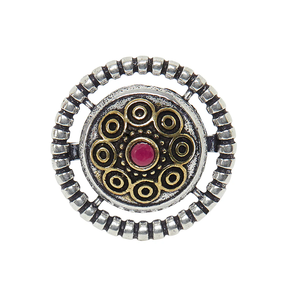 Chamba Circle Design Tribal Motifs Silver Plated Brass Adjustable Ring - Image 3