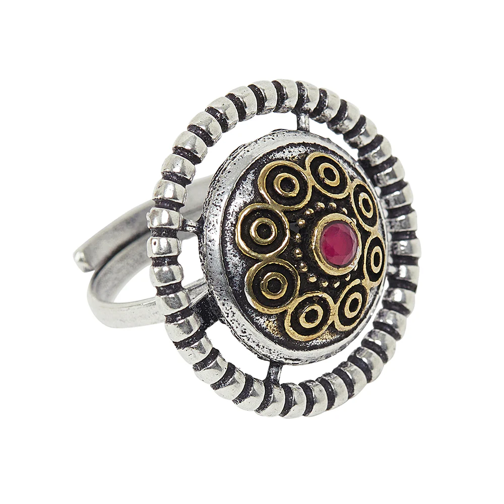 Chamba Circle Design Tribal Motifs Silver Plated Brass Adjustable Ring - Image 5