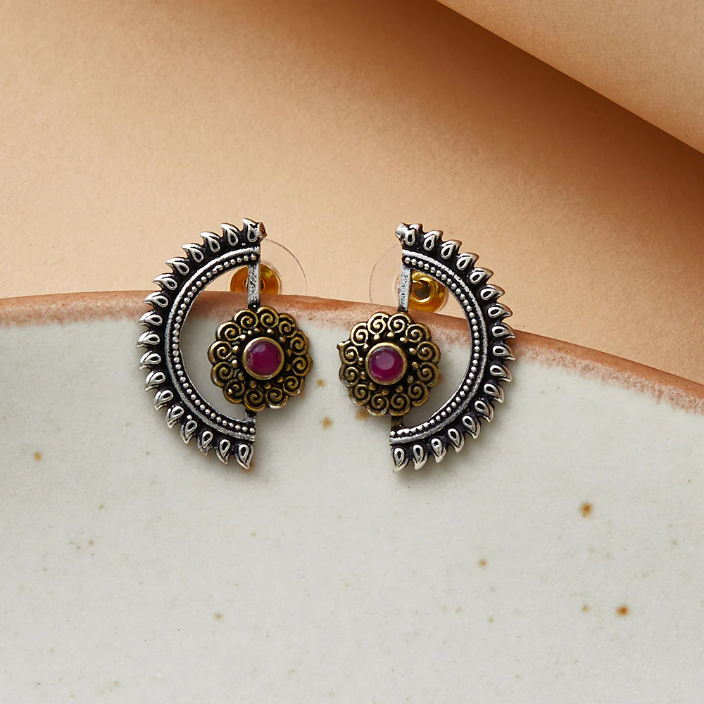 Chamba Floral Motif Crescent Silver Plated Brass Earrings