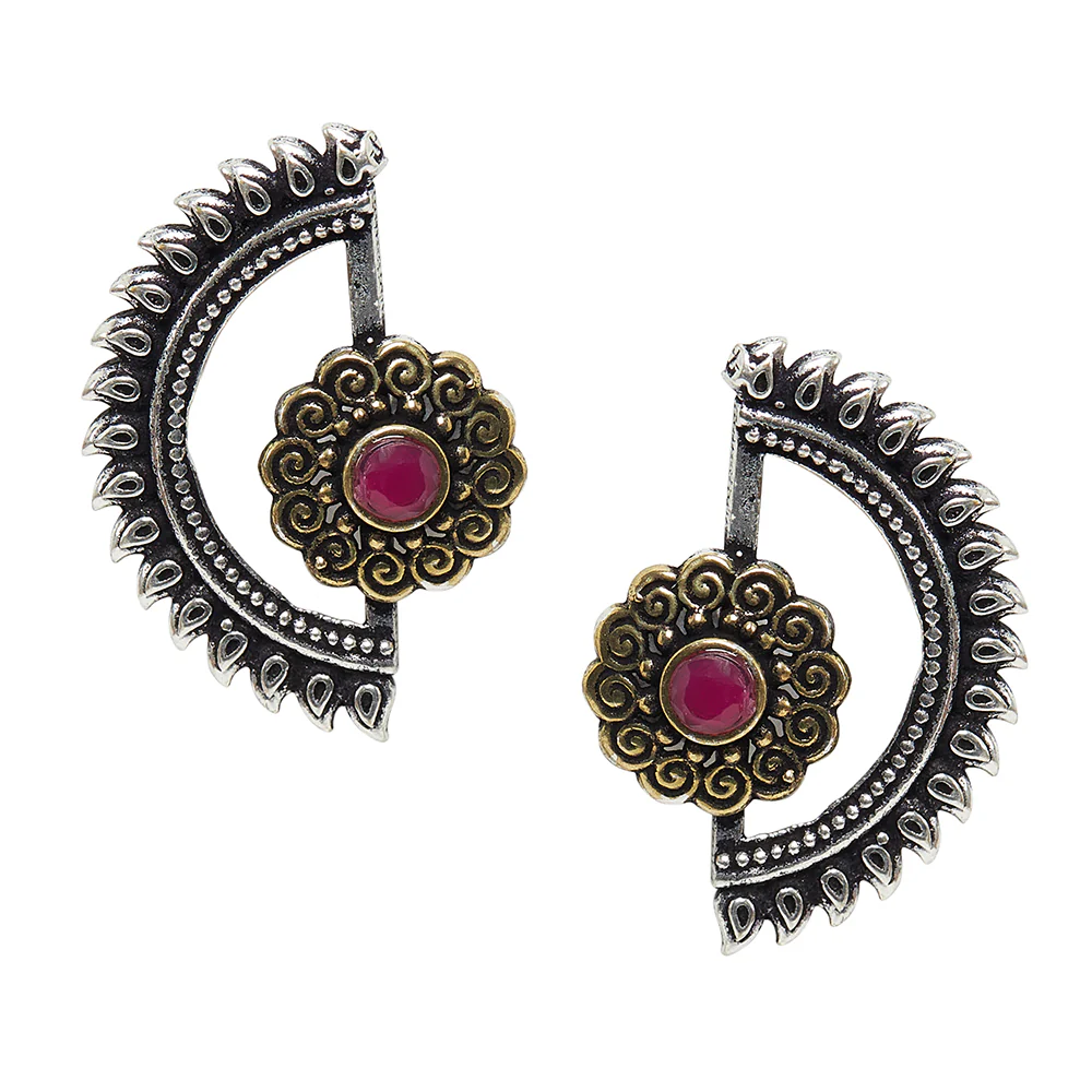 Chamba Floral Motif Crescent Silver Plated Brass Earrings - Image 3