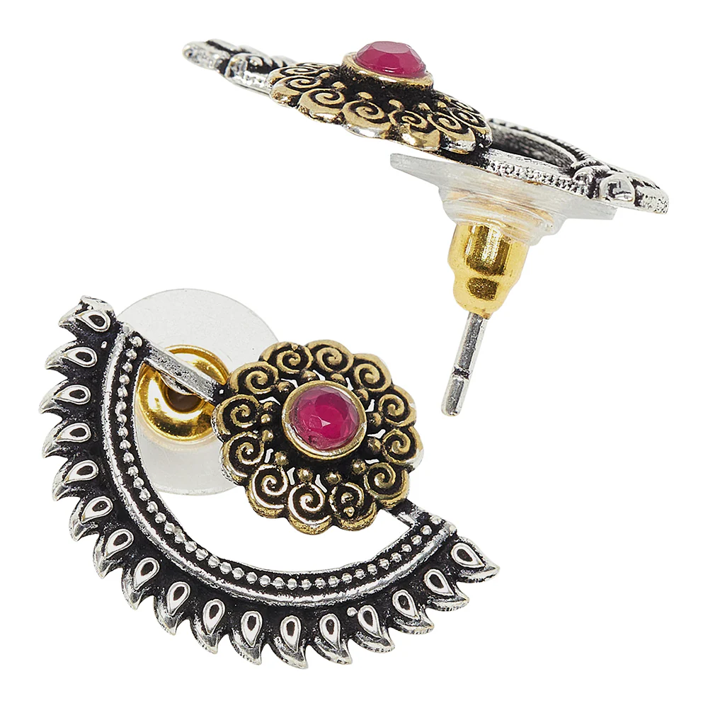 Chamba Floral Motif Crescent Silver Plated Brass Earrings - Image 4