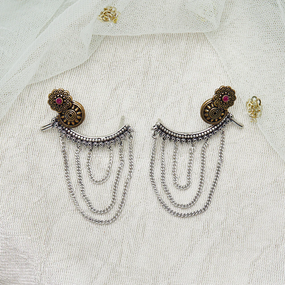 Chamba Floral Motifs Brass Silver Plated Cuff Earrings
