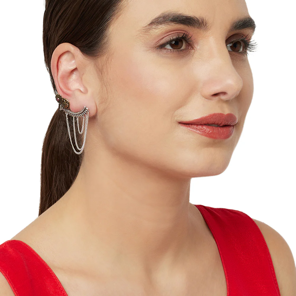 Chamba Floral Motifs Brass Silver Plated Cuff Earrings - Image 2
