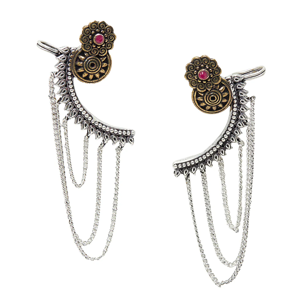 Chamba Floral Motifs Brass Silver Plated Cuff Earrings - Image 3