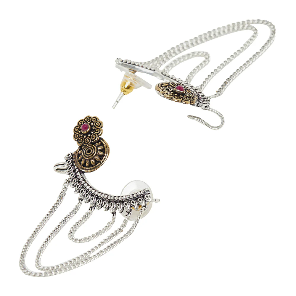 Chamba Floral Motifs Brass Silver Plated Cuff Earrings - Image 4