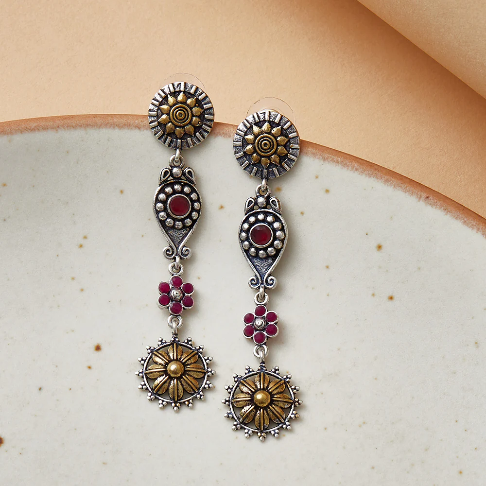 Chamba Floral Motifs Silver Plated Layered Brass Drop Earrings