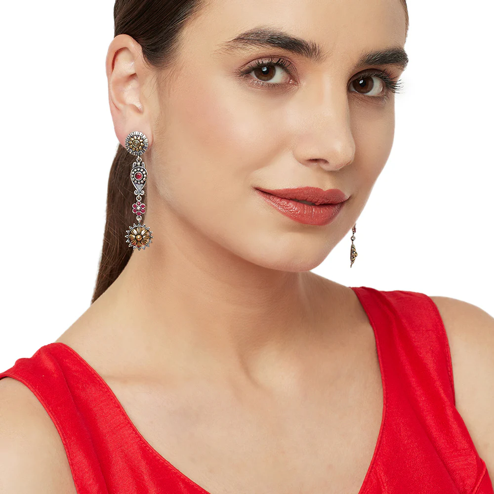 Chamba Floral Motifs Silver Plated Layered Brass Drop Earrings - Image 2