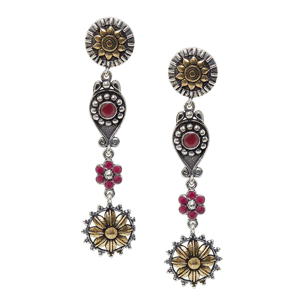 Chamba Floral Motifs Silver Plated Layered Brass Drop Earrings - Image 3