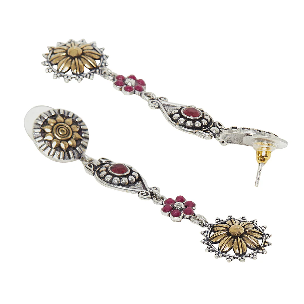 Chamba Floral Motifs Silver Plated Layered Brass Drop Earrings - Image 4