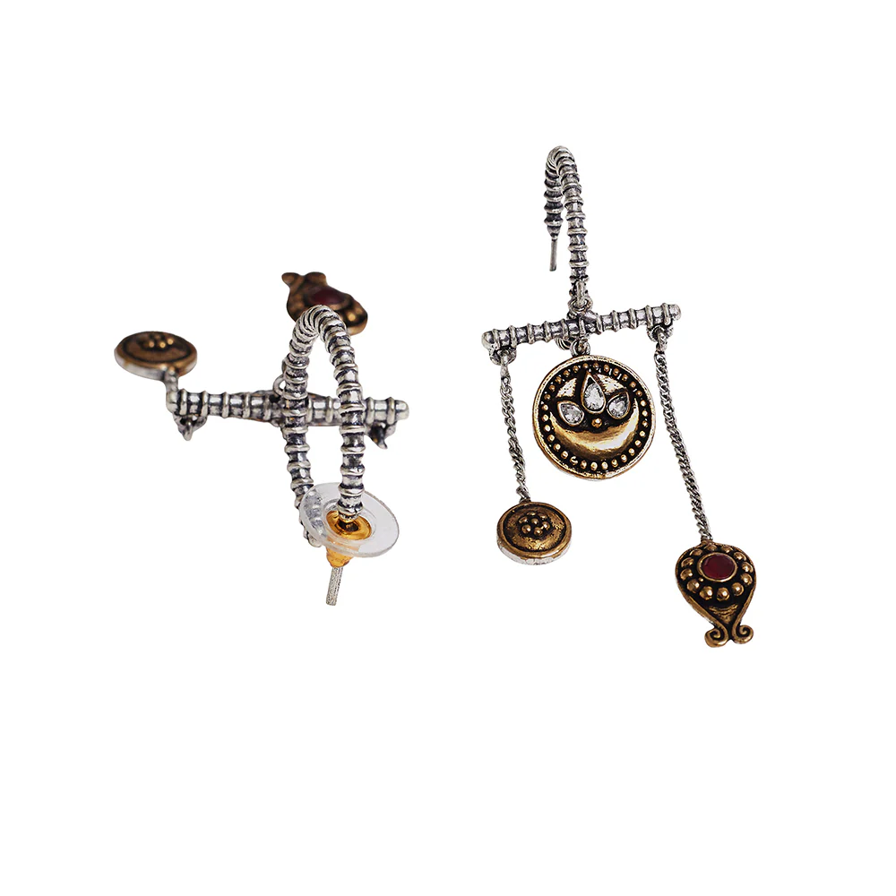 Chamba Half Moon Design Asymmetrical Silver Plated Brass Drop Earrings - Image 4