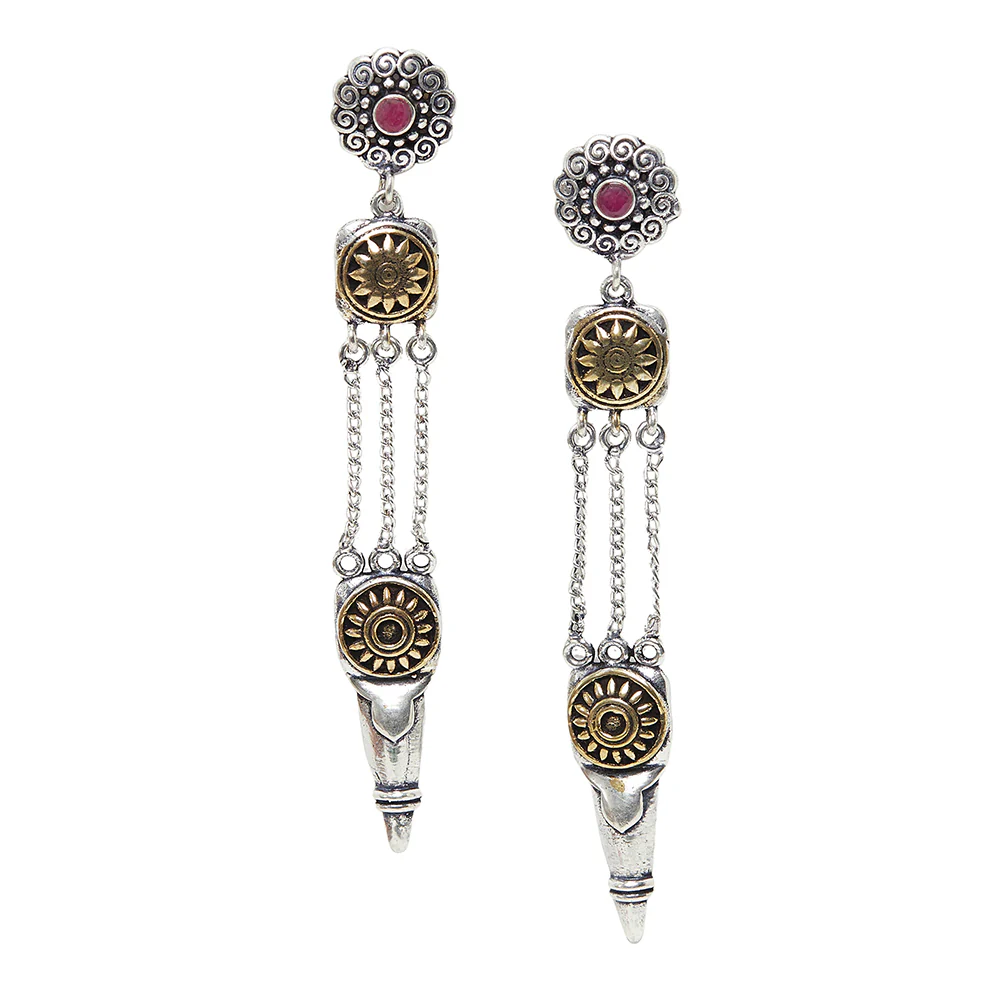 Chamba Lightly Embellished Brass Silver Plated Drop Earrings - Image 3