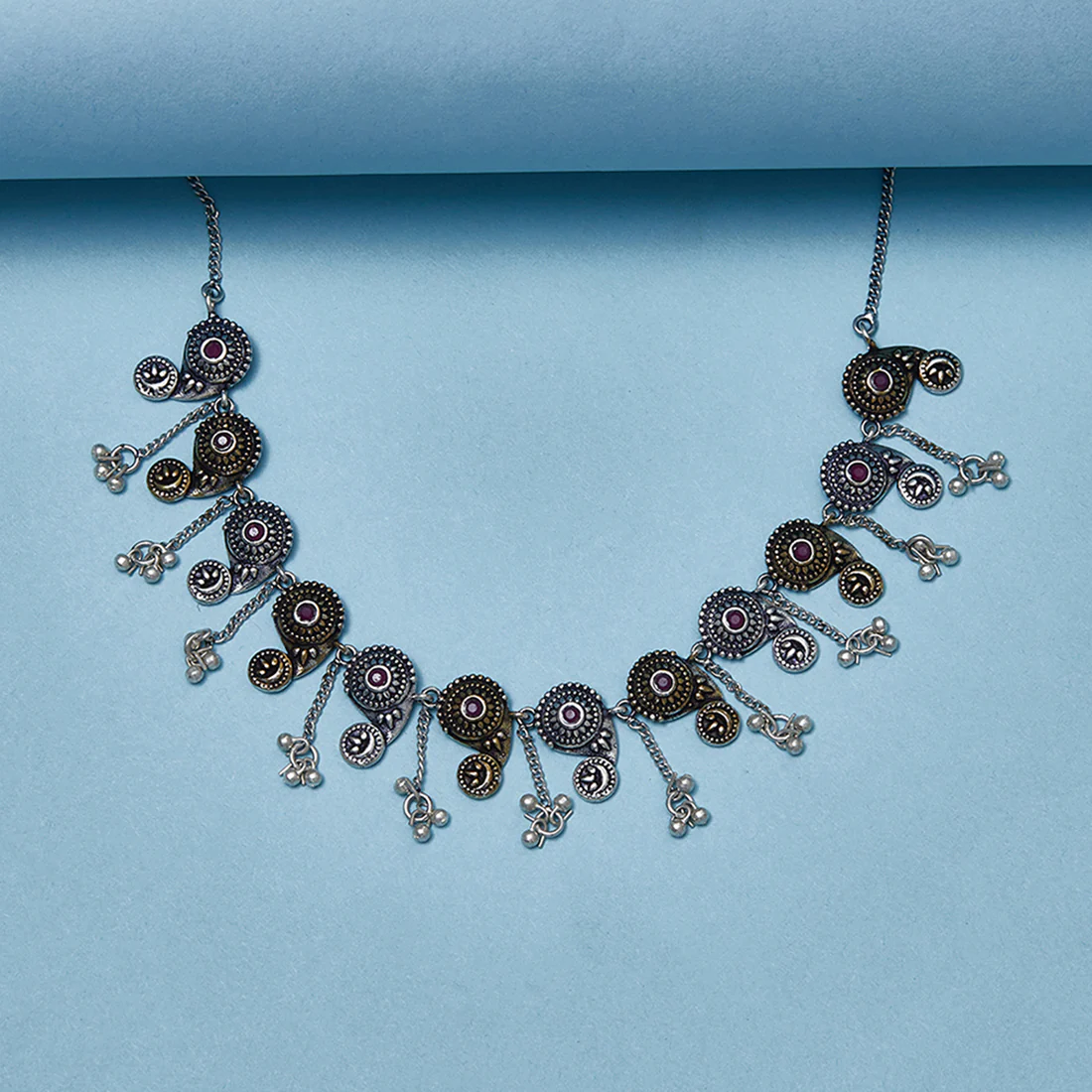 Chamba Silver Plated Circles Pattern Brass Necklace