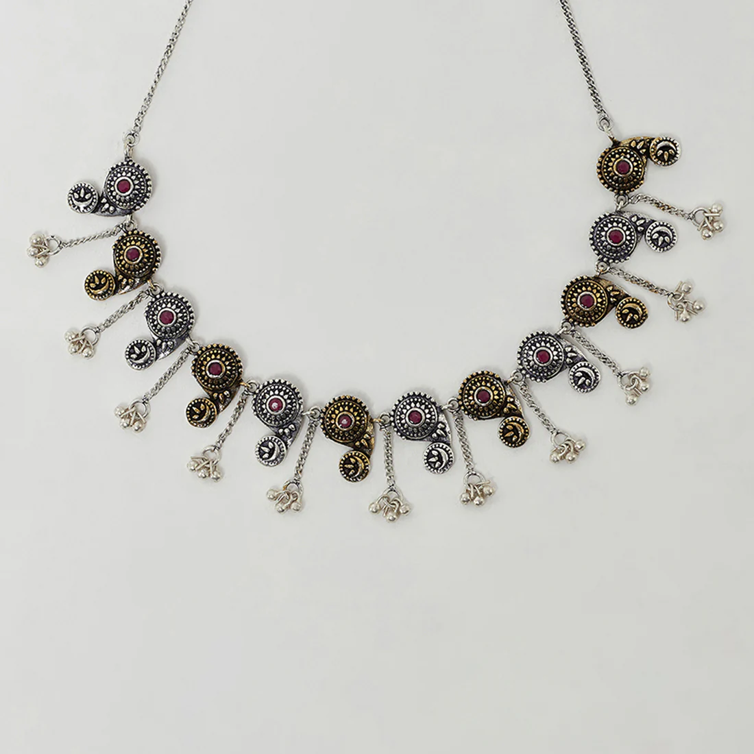 Chamba Silver Plated Circles Pattern Brass Necklace - Image 4