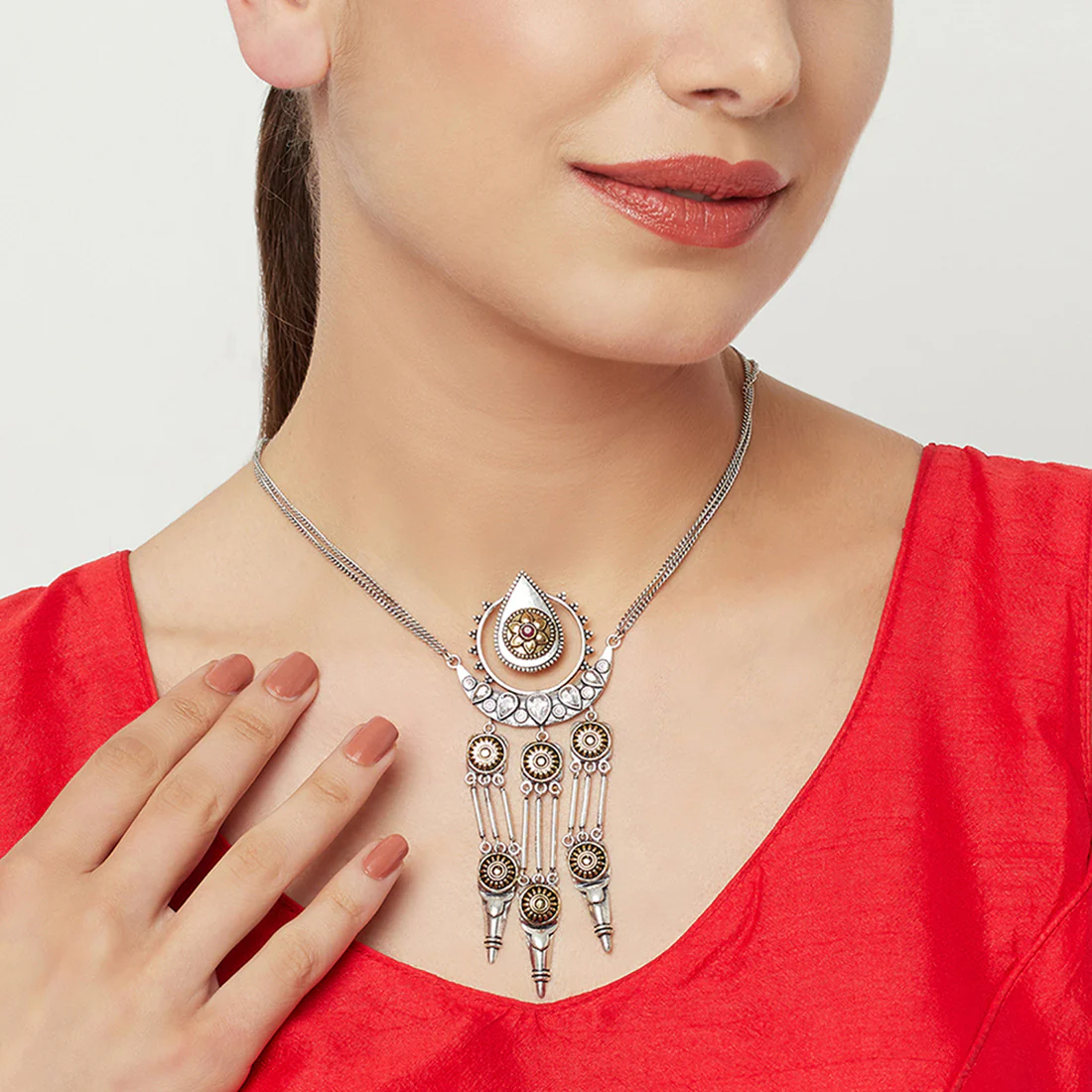 Chamba Traditional Tribal Style Brass Silver Plated Chain Link Necklace - Image 2