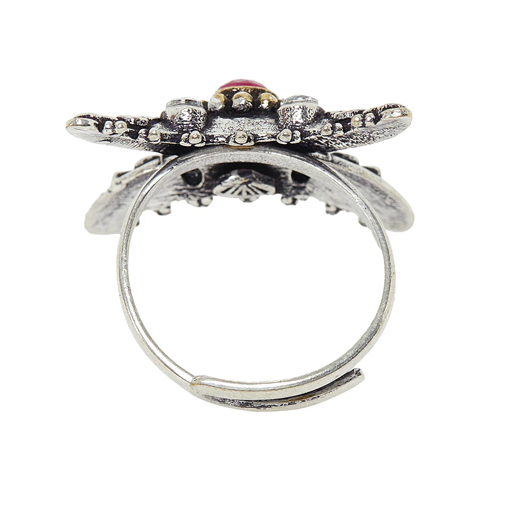Chamba Tribal Inspired Faux Kundan Adorned Silver Plated Adjustable Brass Ring - Image 4