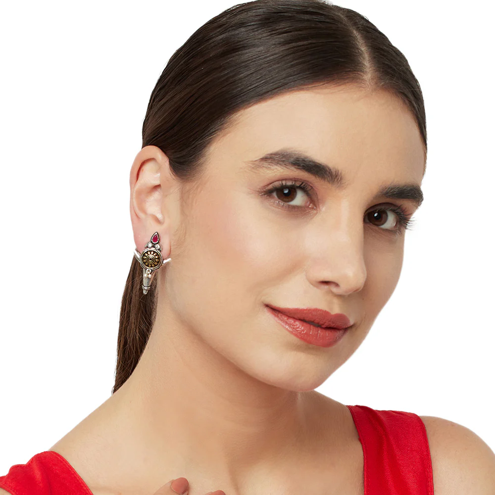 Chamba Tribal Inspired Silver Plated Brass Lightly Embellished Earrings - Image 2