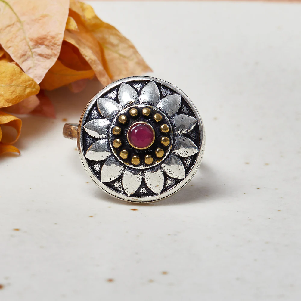 Chamba Vintage Style Floral Silver Plated Adjustable Brass Ring