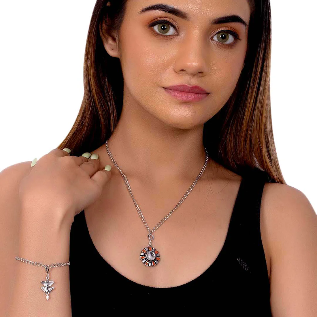 Charms Oxidized Enameled Pendant and Bracelet with chains - Image 2