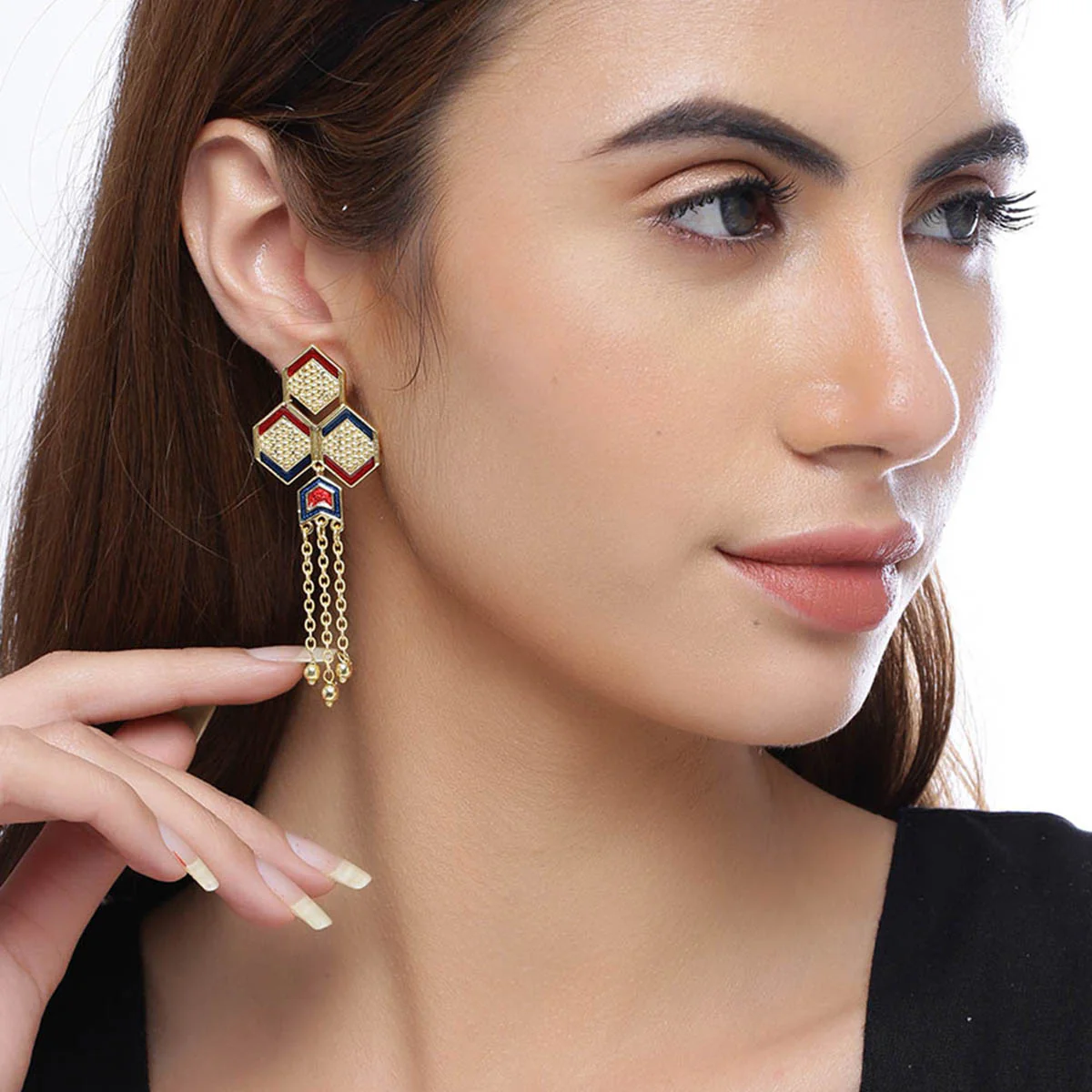 Chevron Gold Plated Tassels Earrings - Image 2