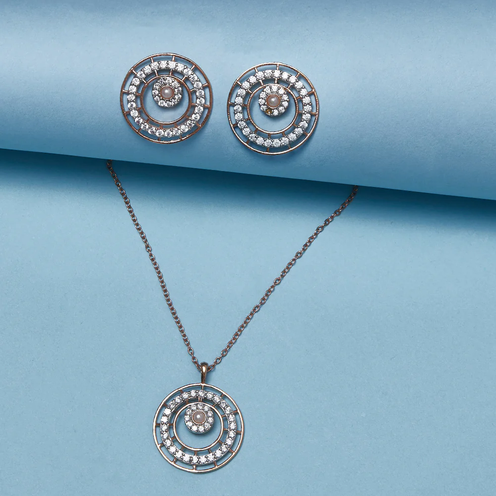 Circles White Faux Pearls and Zircons Rose Gold Plated Brass Pendant Set