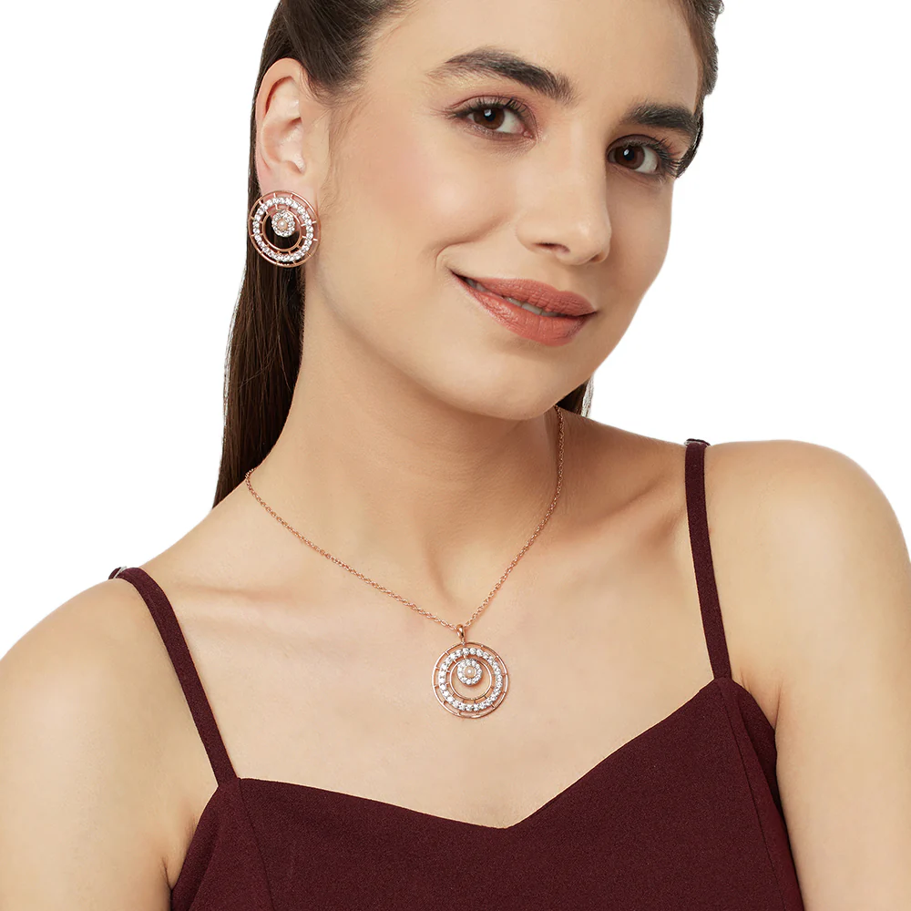 Circles White Faux Pearls and Zircons Rose Gold Plated Brass Pendant Set - Image 2