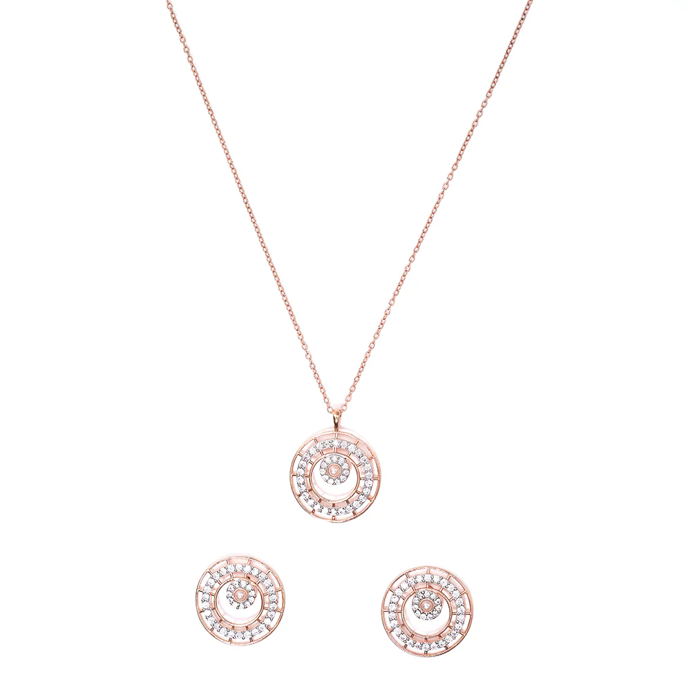 Circles White Faux Pearls and Zircons Rose Gold Plated Brass Pendant Set - Image 4