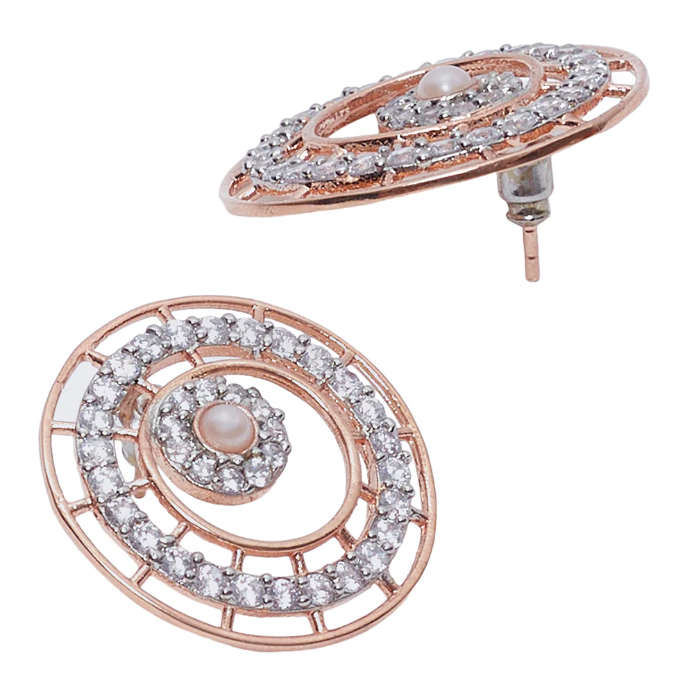 Circles White Faux Pearls and Zircons Rose Gold Plated Brass Pendant Set - Image 5