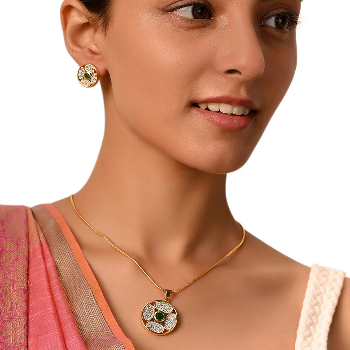 Circular CZ Pendant Set- Green - Image 2