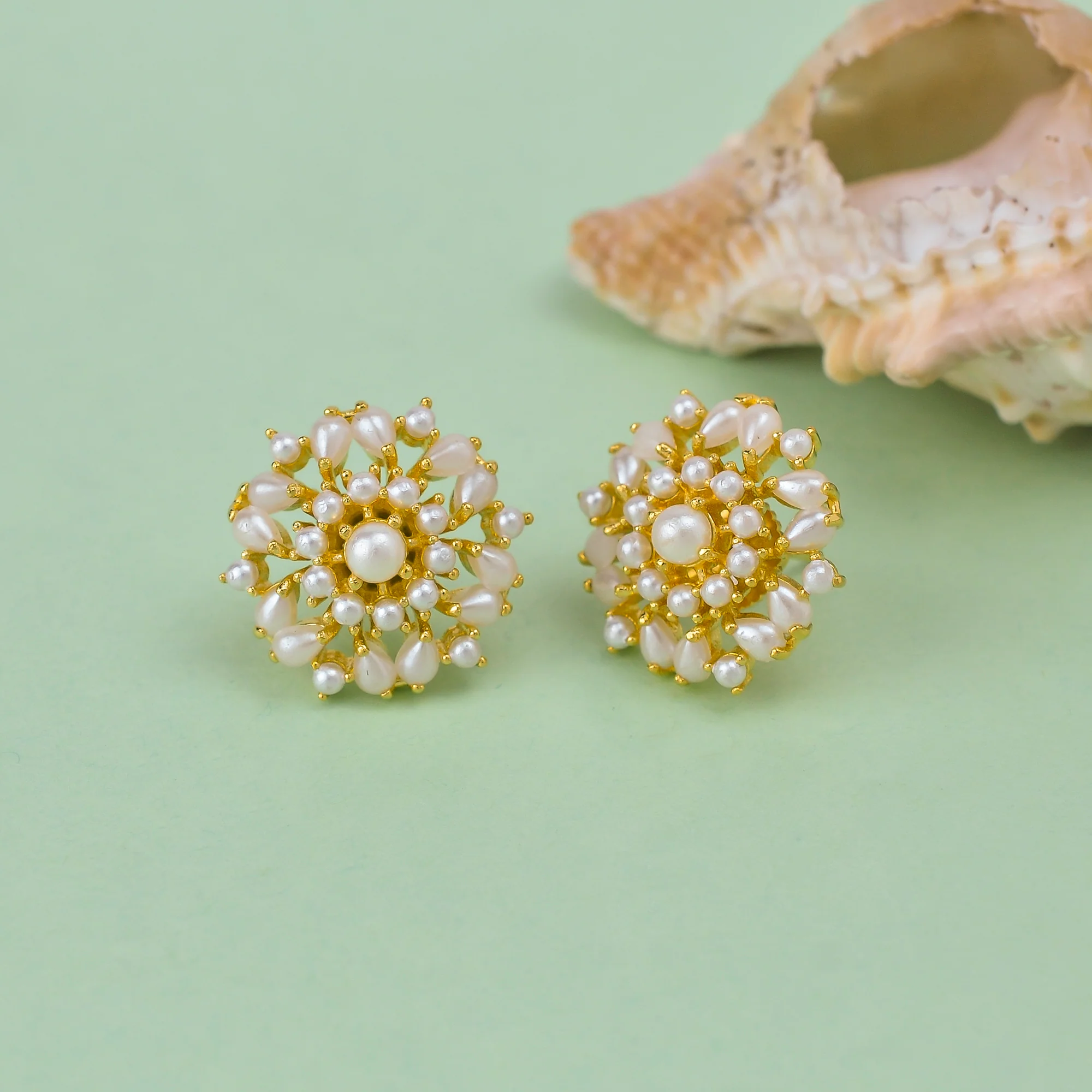Classic Gold Plated White Pearl Beads Stud Earrings