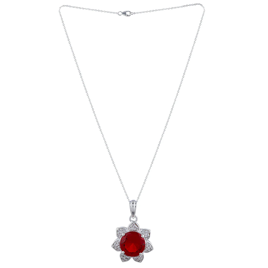 Classy Floral 925 Sterling Silver Pendant Set embellished with Red Gems - Image 4